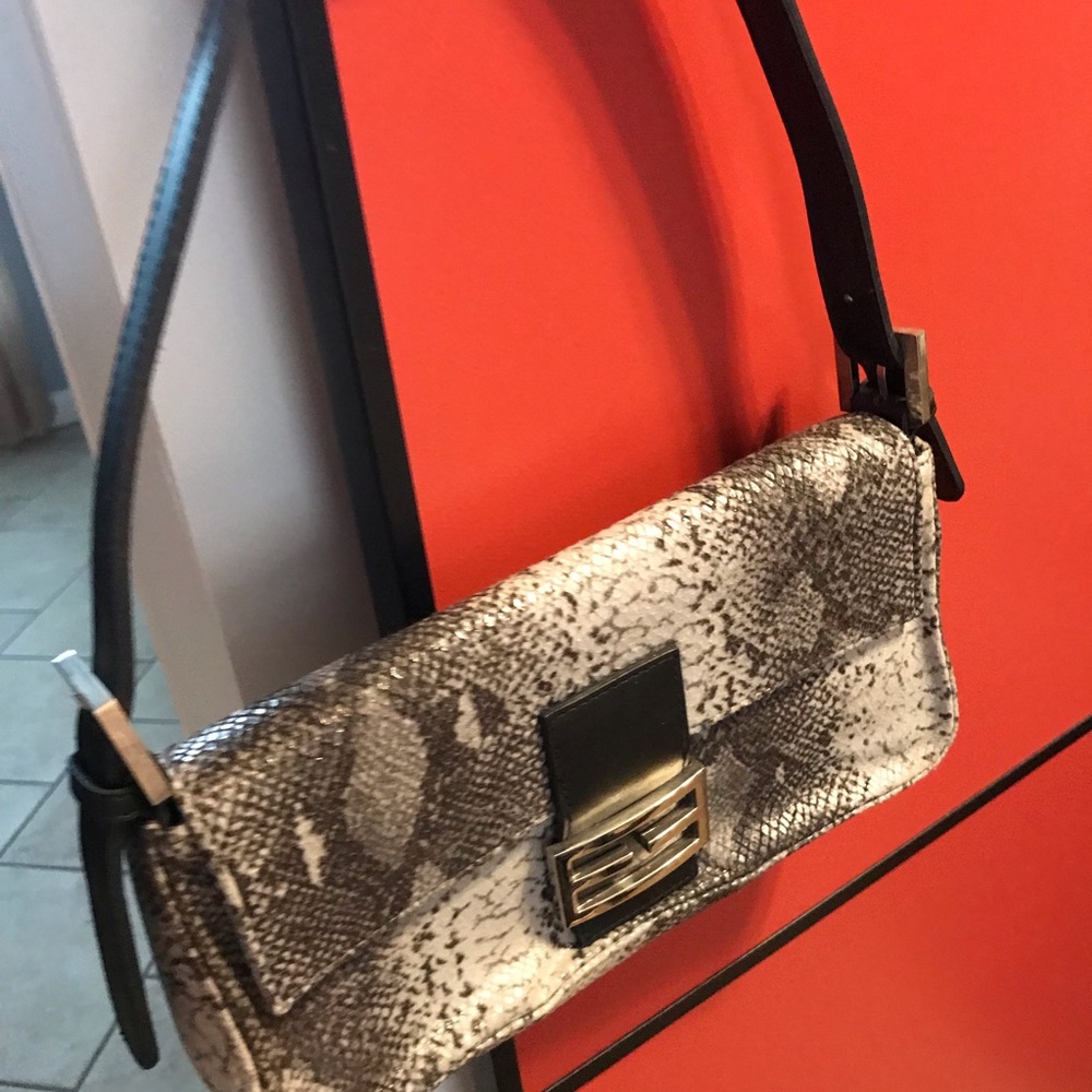 Snake-Print Foldover Clutch Wristlet in Gray and Cream